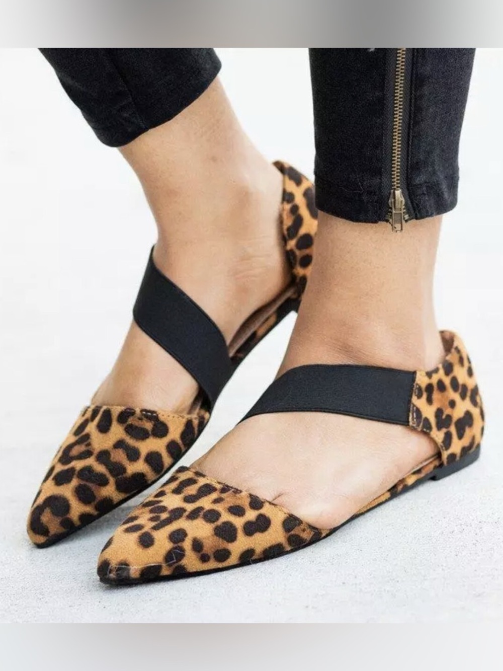 Yoki Leopard Print Pointed Toe Flats with Black Elastic Strap